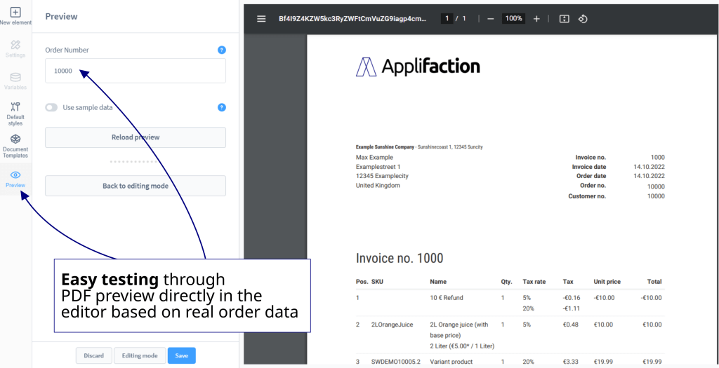 Easy test your Shopware 6 Documents through the PDF preview directly in the editor based on real order data