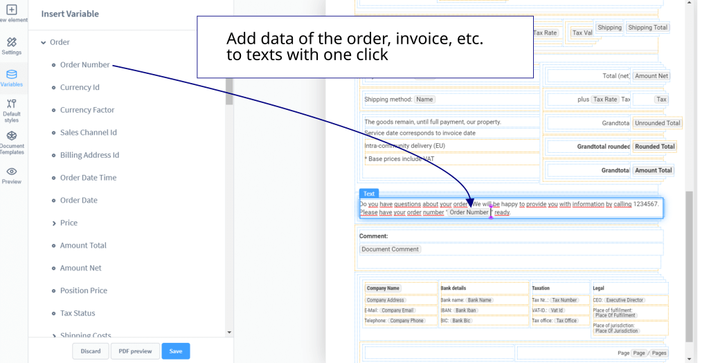 Add data of the order, invoice, delivery note, credit note or storno bill to texts with one click